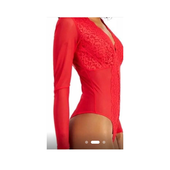 INC International Concepts Sz M NOT SO BASIC Sheer Sleeve Red Bodysuit - Picture 2 of 6